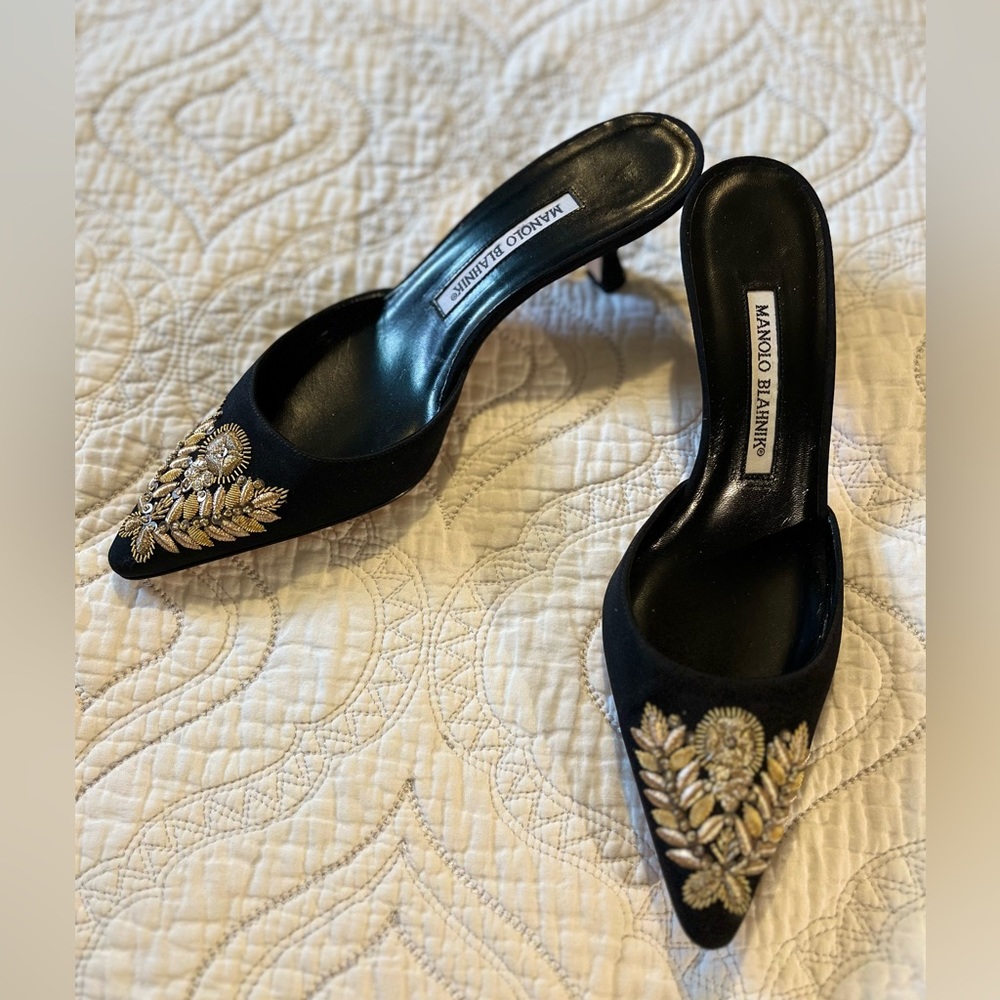 Manolo Blahnik Black and Gold Embroidered Kitten Heels